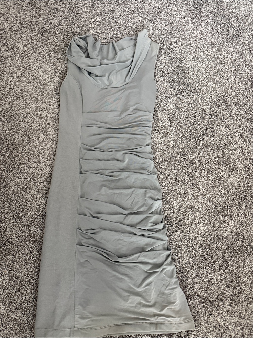 BCBGMaxAzria Sleeveless Cowl Neck Ruched Midi Dress in Light Gray